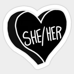 She Her Pronouns Black And White Heart Sticker